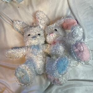 SET OF 2 Plush Easter Bunnies Blue Pink Soft Rabbit White